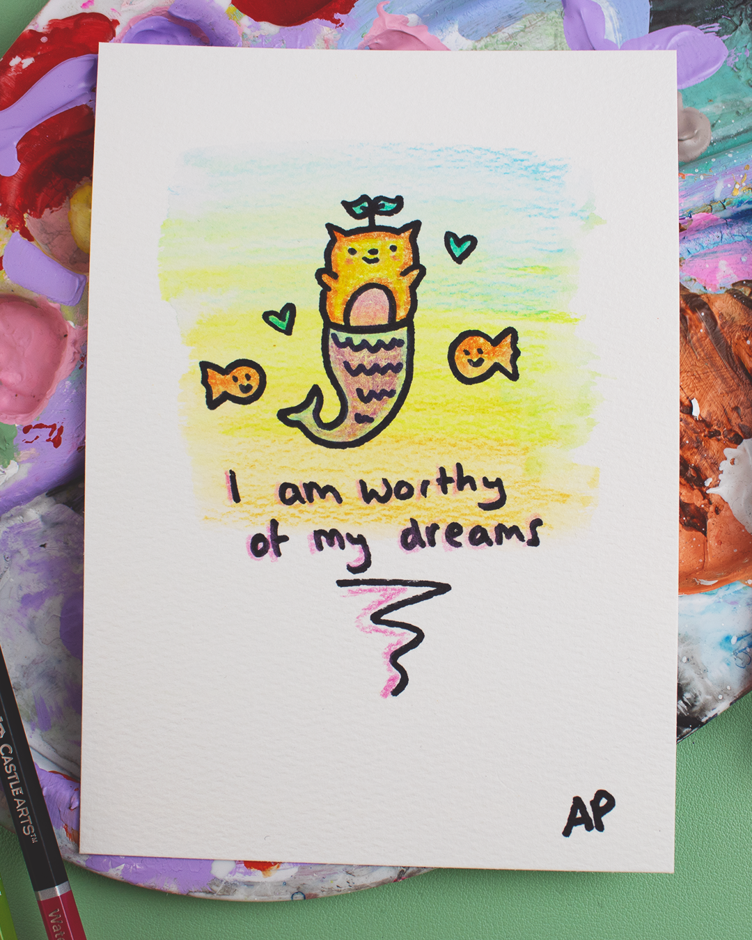 Mini Manifestation 10/20: I Am Worthy of my Dreams - Watercolour and Ink original artwork on A5 textured art paper