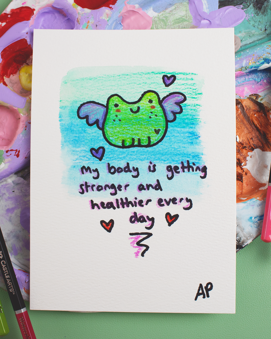 Mini Manifestation 11/20: My Body is Getting Stronger - Watercolour and Ink original artwork on A5 textured art paper