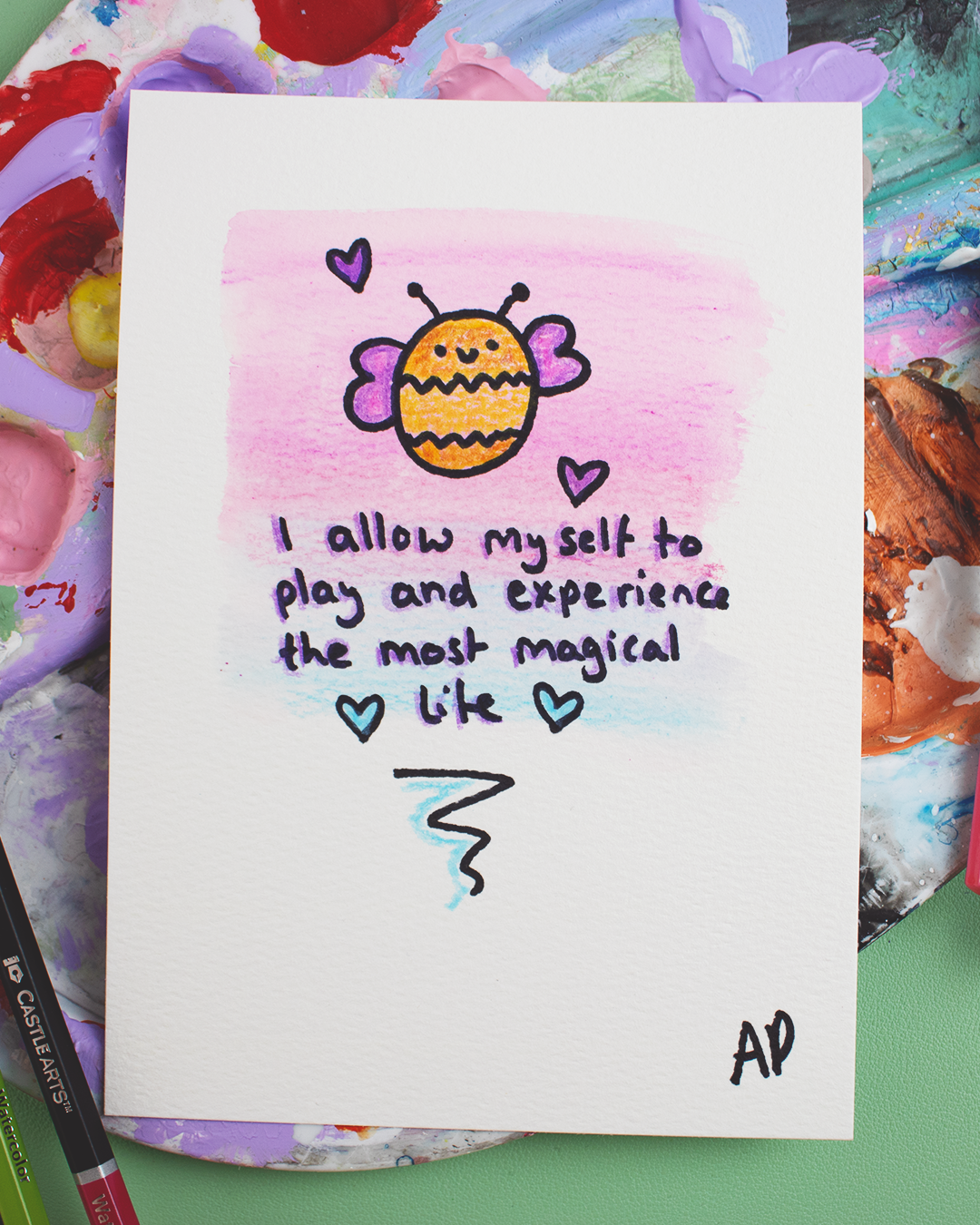 Mini Manifestation 13/20: I Allow Myself - Watercolour and Ink original artwork on A5 textured art paper