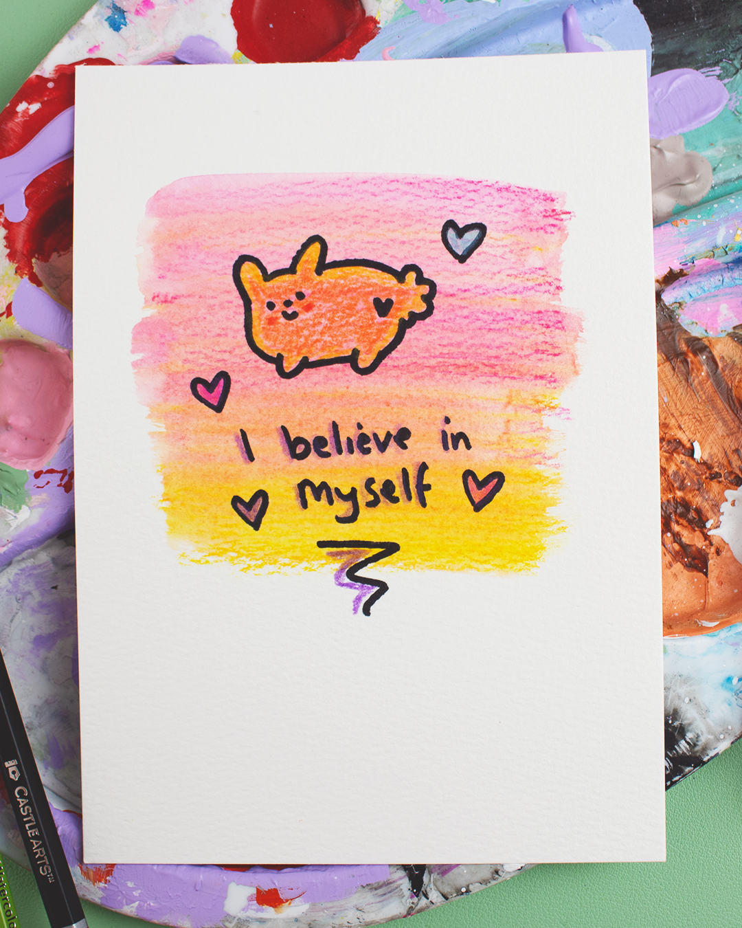 Mini Manifestation 15/20: I Believe in Myself - Watercolour and Ink original artwork on A5 textured art paper
