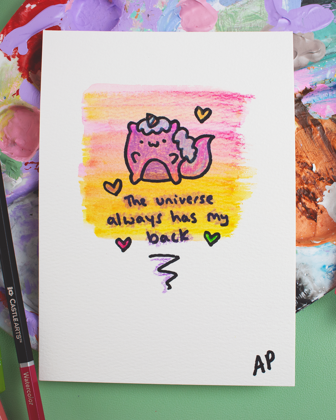 Mini Manifestation 17/20: The Universe Always Has My Back - Watercolour and Ink original artwork on A5 textured art paper