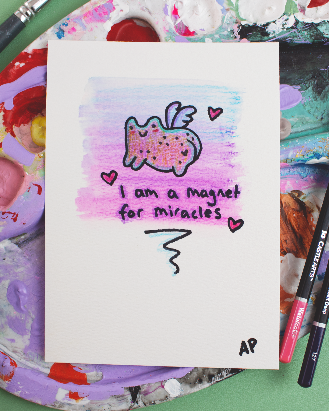 Mini Manifestation 19/20: I am a Magnet for Miracles - Watercolour and Ink original artwork on A5 textured art paper