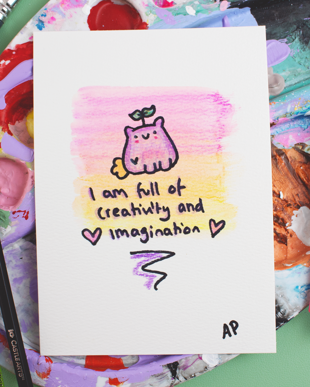 Mini Manifestation 5/20: I am Full of Creativity - Watercolour and Ink original artwork on A5 textured art paper