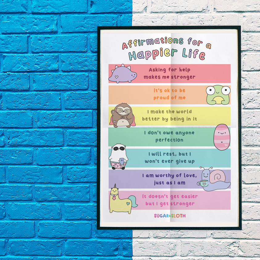 Affirmations For A Happier Life Glossy A3 Poster