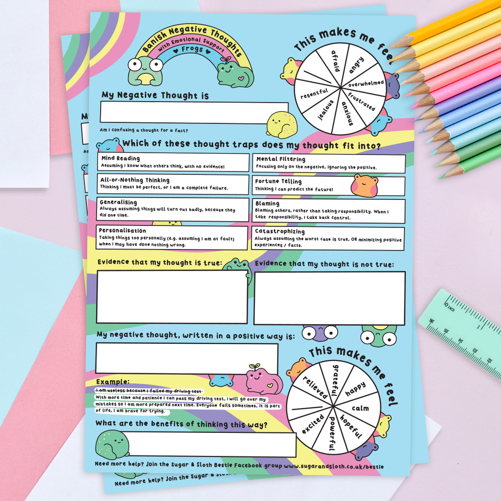 Digital Download PDF: Banish Negative Thoughts with Emotional Support Frogs - worksheet download - plus bonus Printer Friendly version