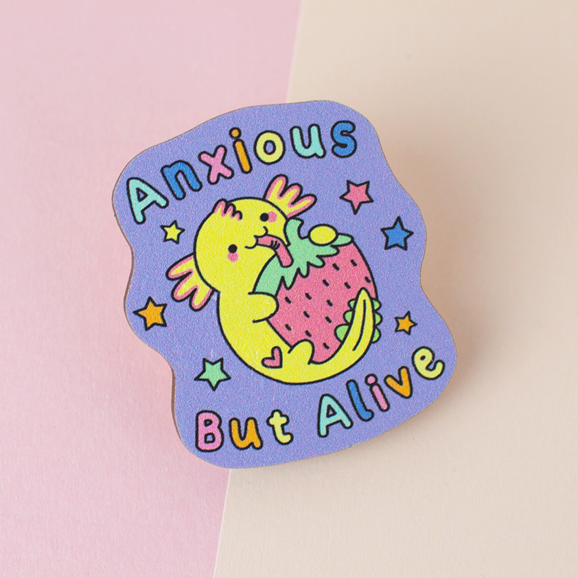anxious but alive axolotl wooden eco pin
