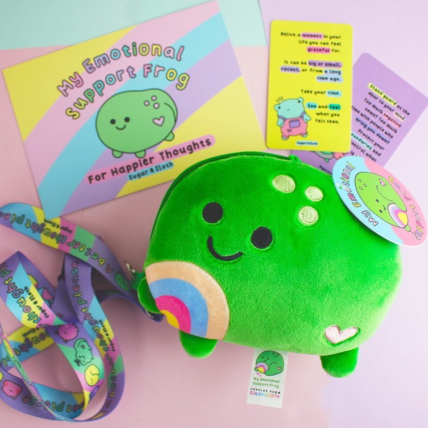 Happier Thoughts: Your Emotional Support Frog Zip Plushie with Calm Cards & Lanyard
