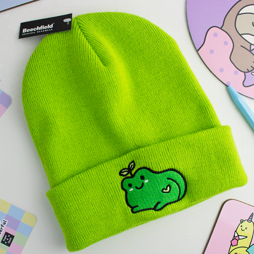 Figburt the Frog Embroidered Bright Green Beanie