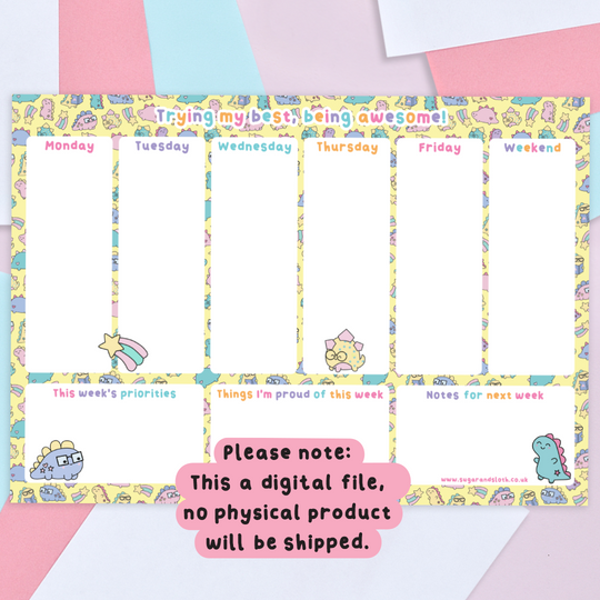 Digital Download PDF: Trying My Best, Being Awesome Dinosaur Weekly Planner