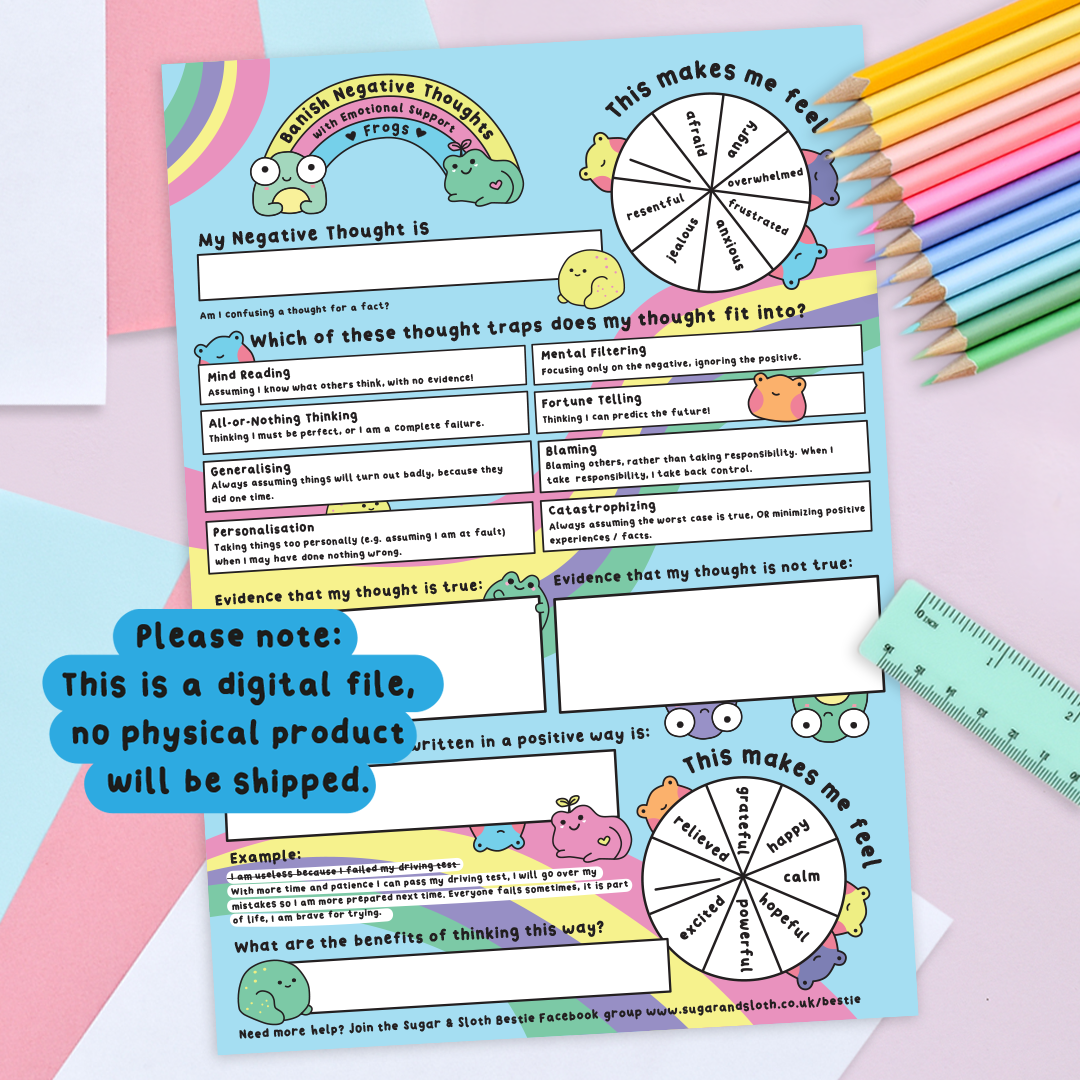 Digital Download: Banish Negative Thoughts with Emotional Support Frogs - worksheet download