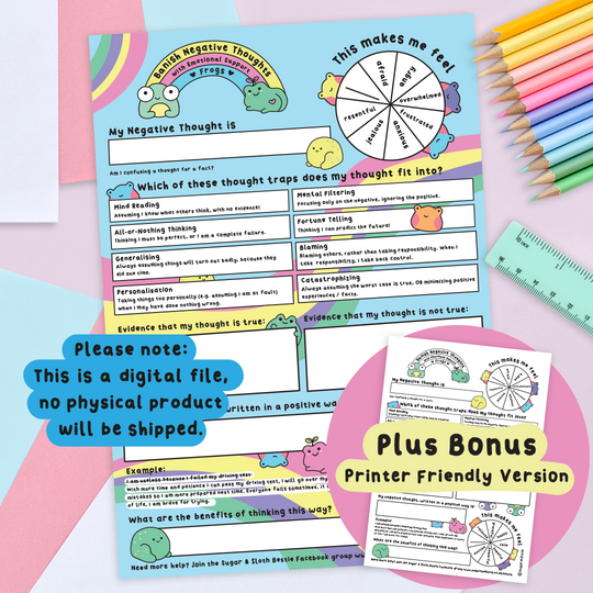 Digital Download PDF: Banish Negative Thoughts with Emotional Support Frogs - worksheet download - plus bonus Printer Friendly version
