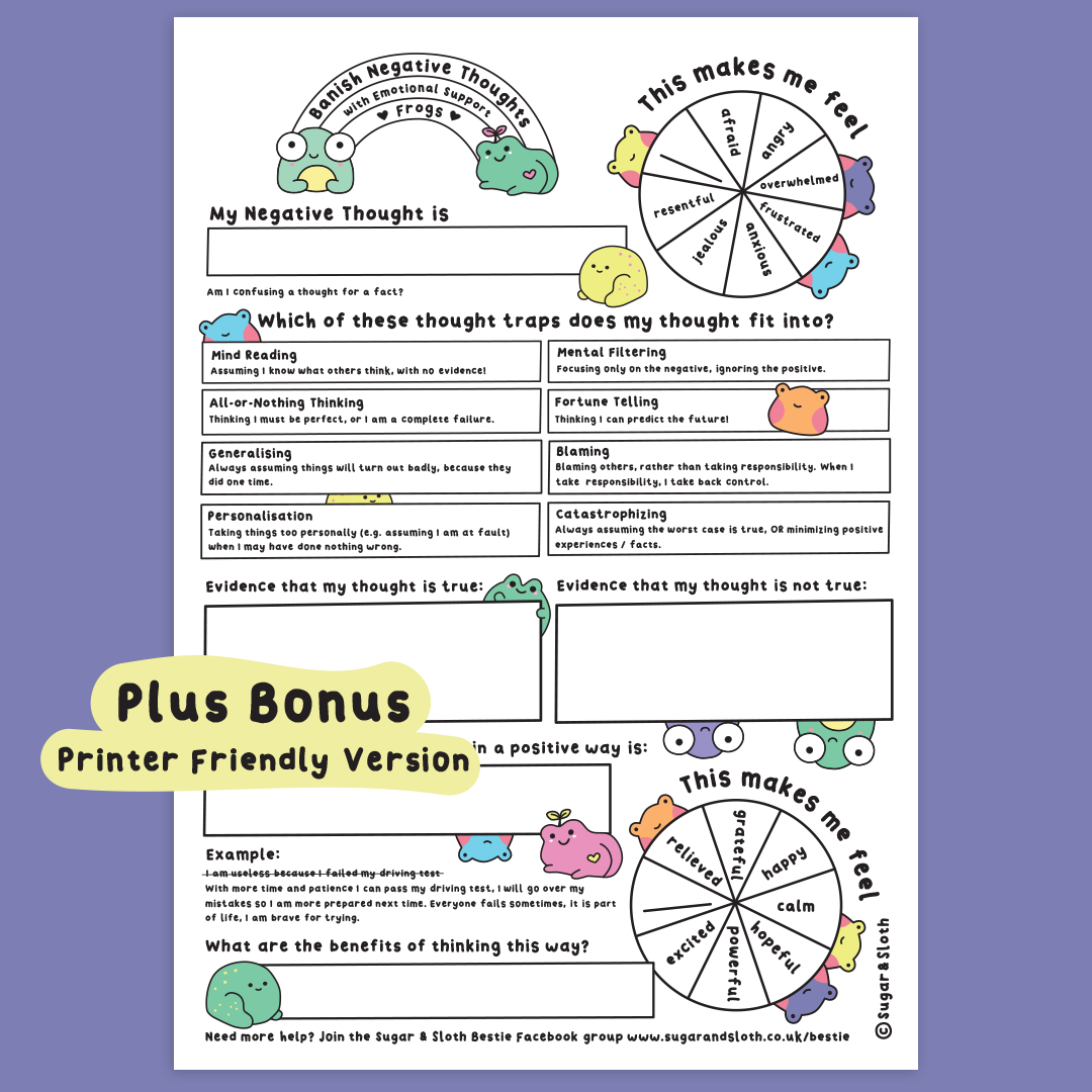 Digital Download PDF: Banish Negative Thoughts with Emotional Support Frogs - worksheet download - plus bonus Printer Friendly version