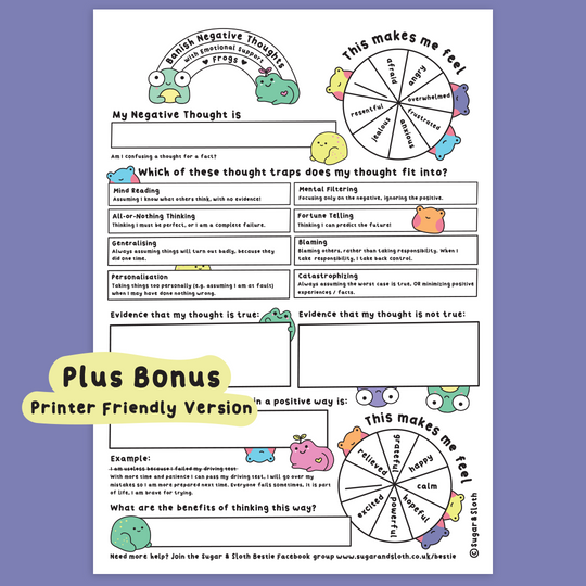 Digital Download PDF: Banish Negative Thoughts with Emotional Support Frogs - worksheet download - plus bonus Printer Friendly version