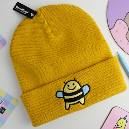 Martha the Bumble Bee Mustard Yellow Embroidered Beanie