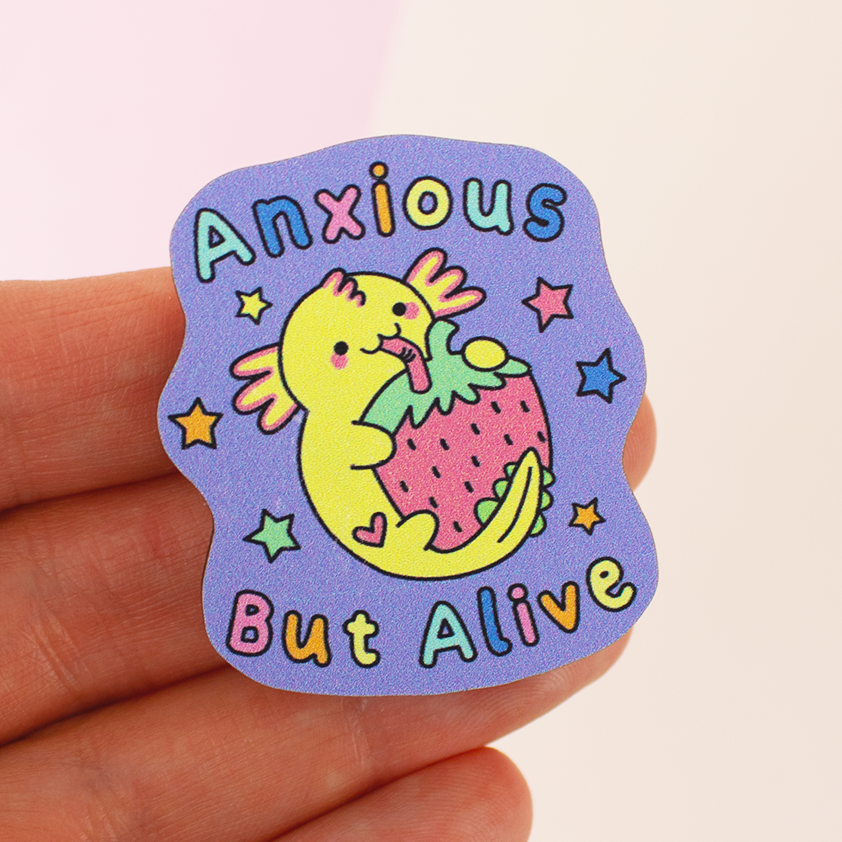 anxious but alive axolotl wooden pin