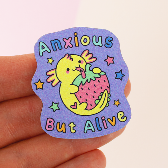 Anxious but alive axolotl wooden pin