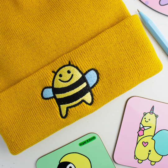 Martha the Bumble Bee Mustard Yellow Embroidered Beanie