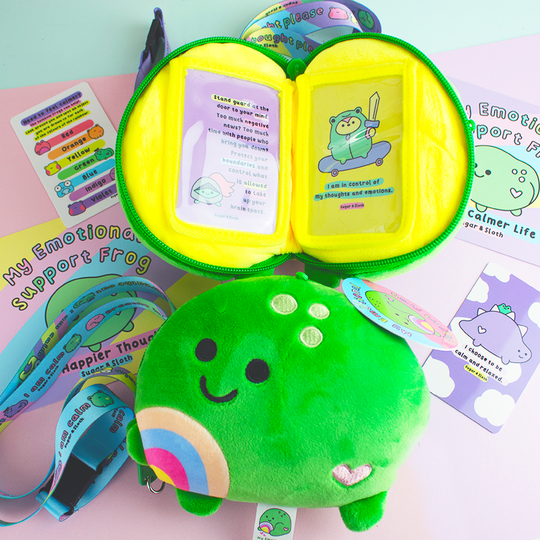 Set of Two Emotional Support Frog Zip Plushies: Calm & Happy with Calm Cards