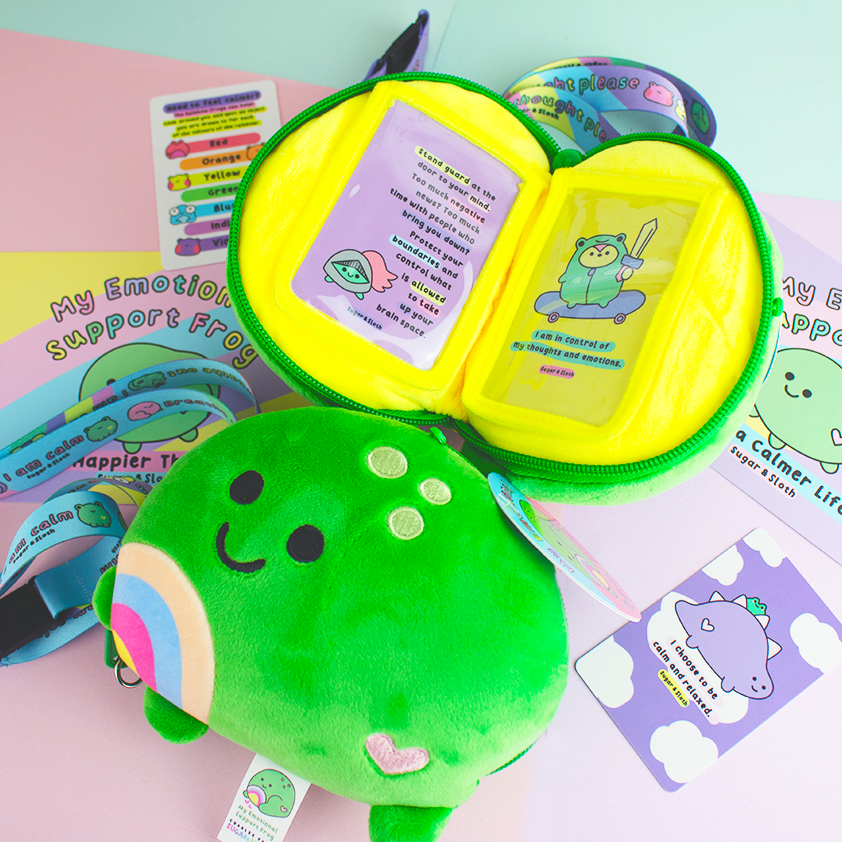 Set of Two Emotional Support Frog Zip Plushies: Calm & Happy with Calm Cards