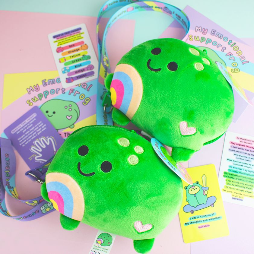 Set of Two Emotional Support Frog Zip Plushies: Calm & Happy