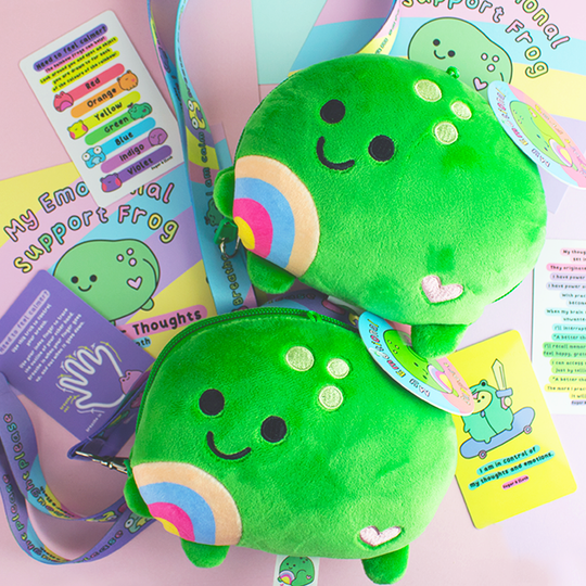 Set of Two Emotional Support Frog Zip Plushies: Calm & Happy with Calm Cards