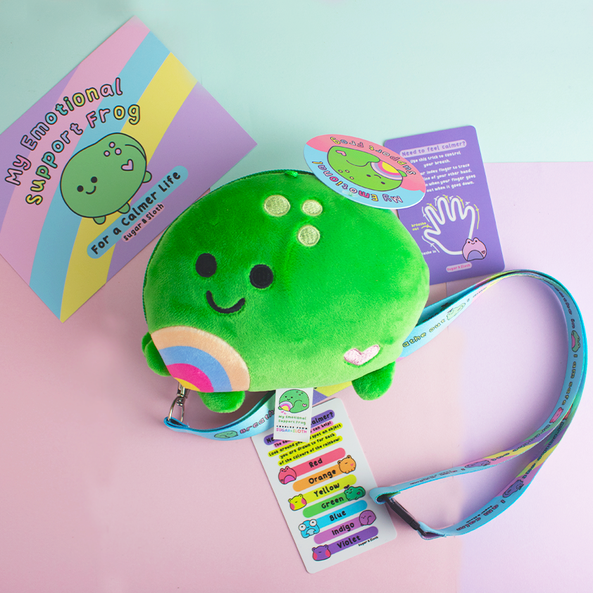 Calm Your Emotional Support Frog Zip Plushie with Calm Cards & Lanyar