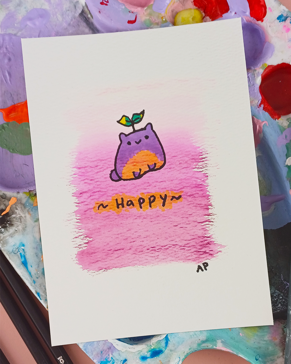 Mini Manifestation 1/6: Happy - Watercolour and Ink original artwork on A5 textured cotton art paper