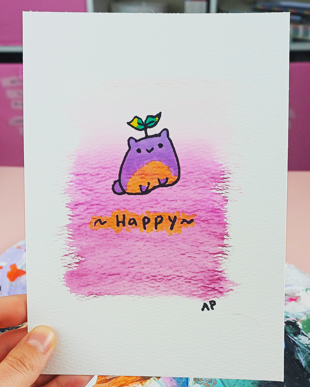 Mini Manifestation 1/6: Happy - Watercolour and Ink original artwork on A5 textured cotton art paper