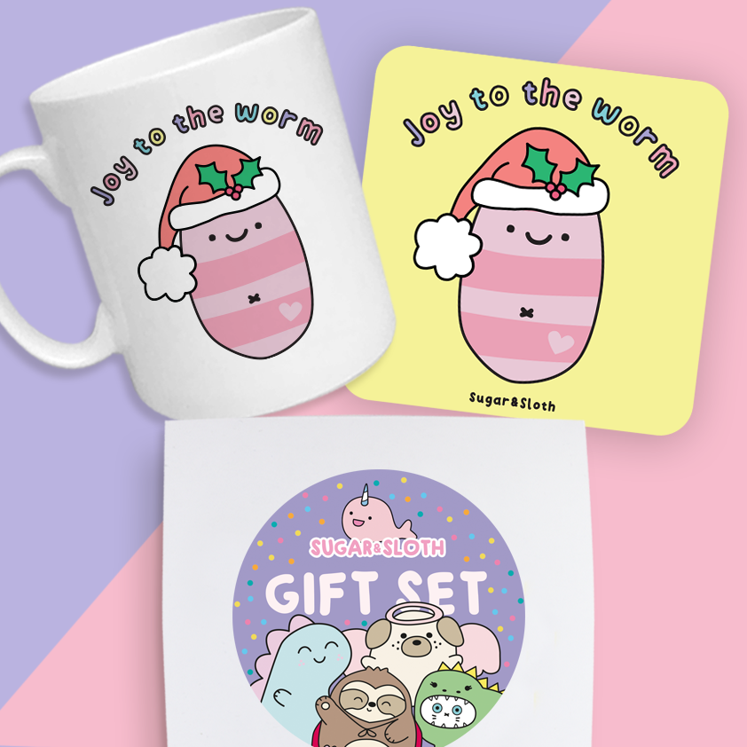 Joy to the Worm Christmas Mug and coaster gift Set 