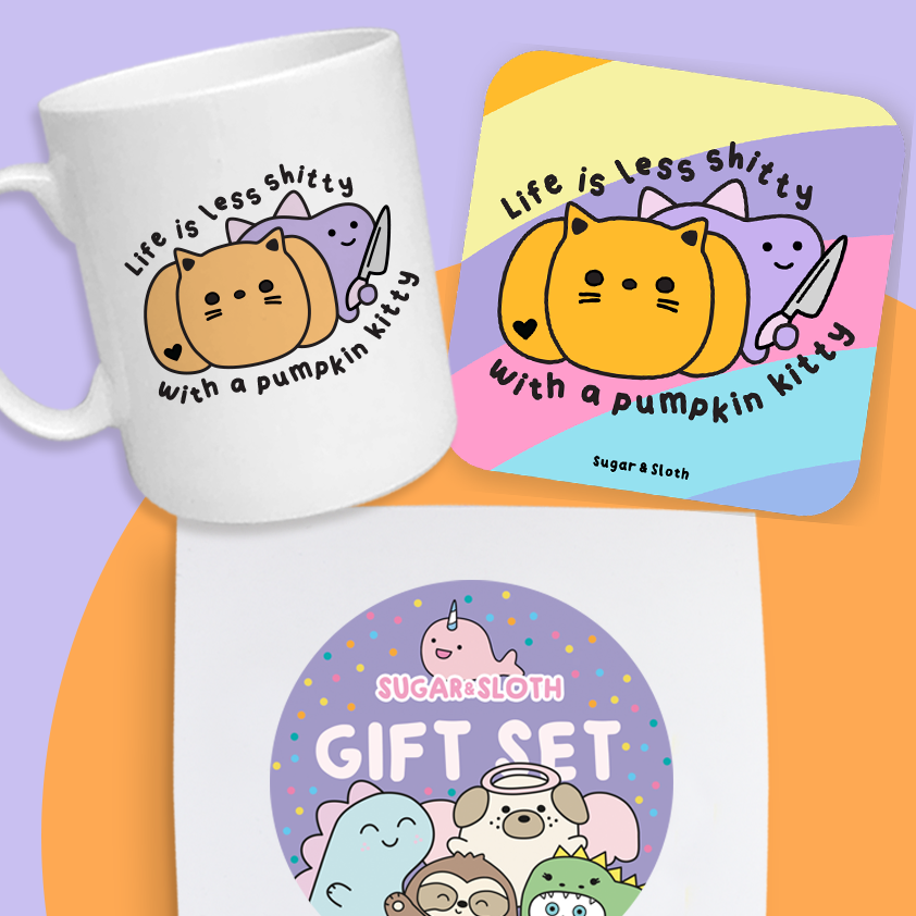 Life Is Less Shitty With A Pumpkin Kitty Mug And Coaster Gift Set 