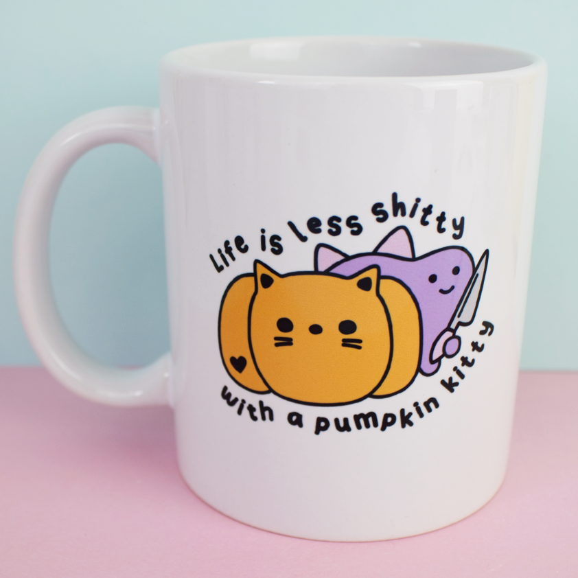 Life is Less Shitty With A Pumpkin Kitty Mug 