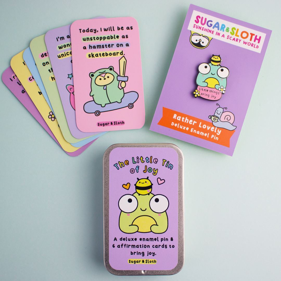 The Little Tin of Joy -  Deluxe Enamel Pin and 6 Affirmation Cards