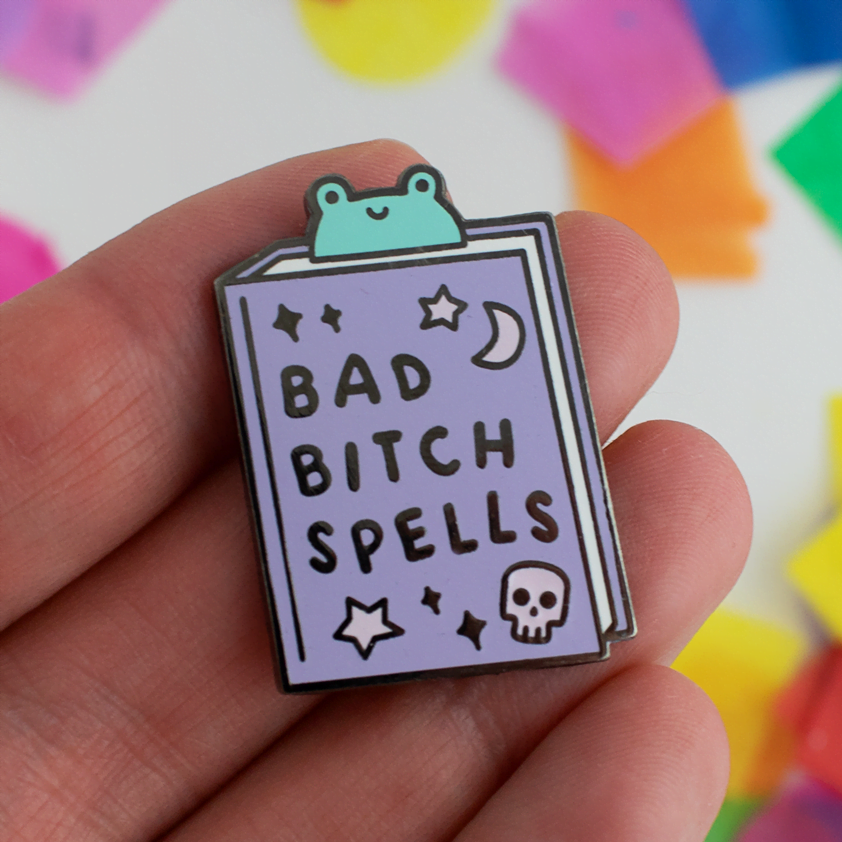 bad bitch spells frog spell book enamel pin