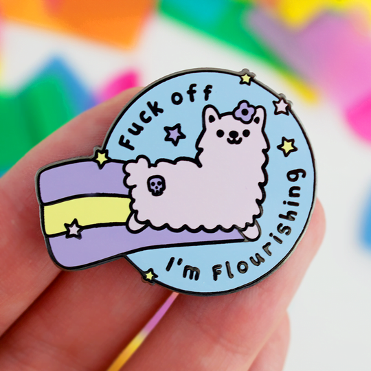 fuck off im flourishing llama pin