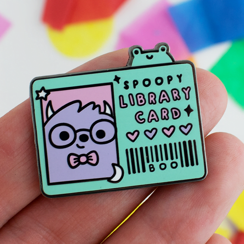 spoopy library card enamel pin with frog
